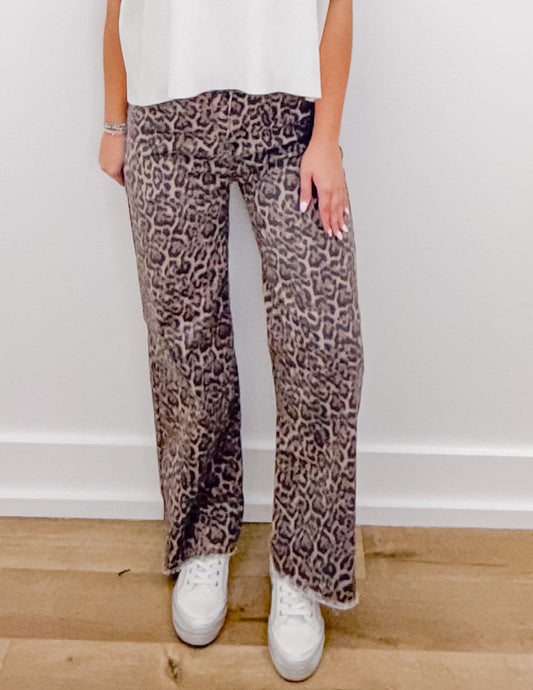 Without You Leopard Frayed Edge Wide Leg High Waist Jeans