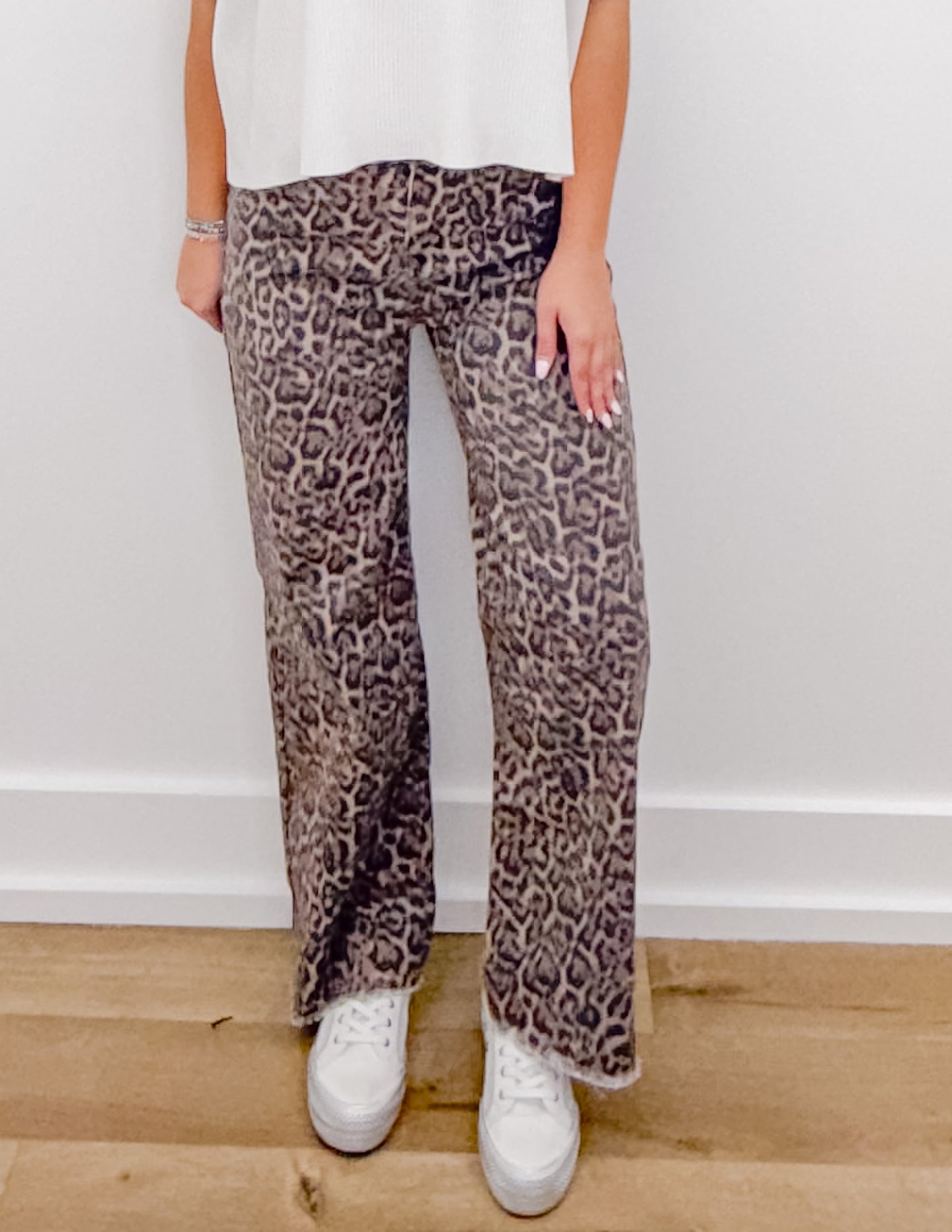 Without You Leopard Frayed Edge Wide Leg High Waist Jeans