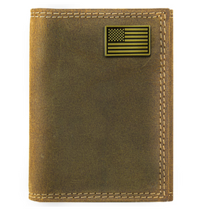 Vintage Tan Brass USA Flag Trifold Wallet