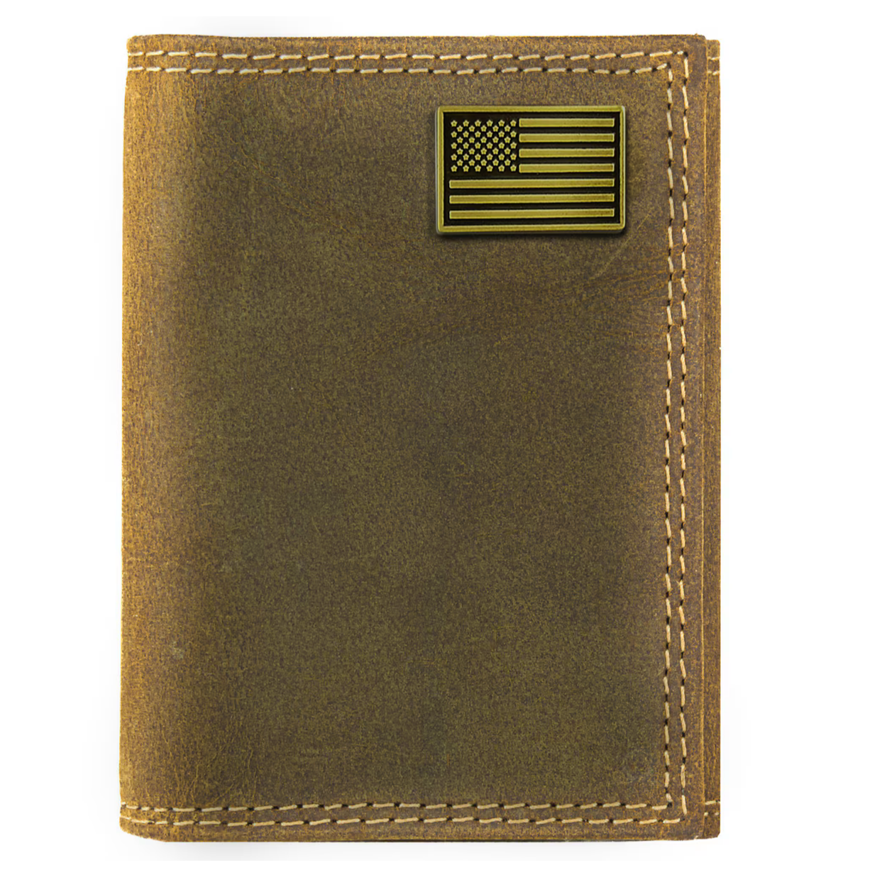 Vintage Tan Brass USA Flag Trifold Wallet