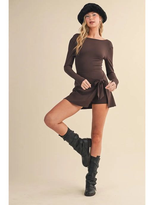 Touch Me LS Wrap Tie Front Dress in Chocolate