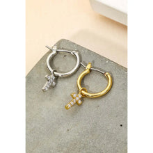 Load image into Gallery viewer, Pave Cross Hoop Huggie Earrings Silver