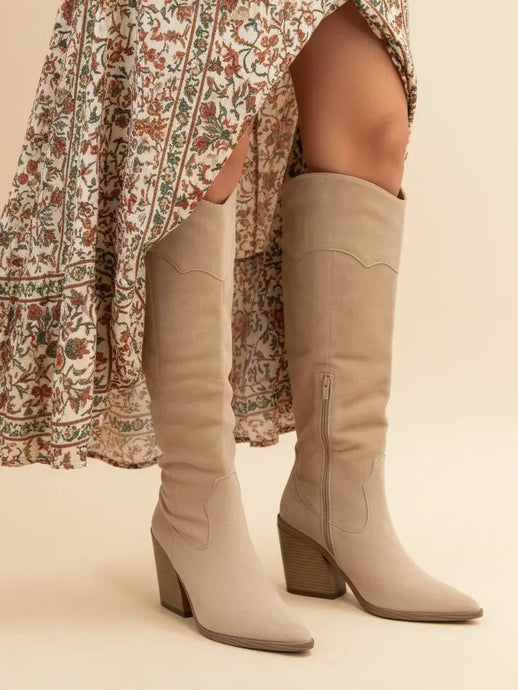 Muriel Faux Suede Pointed Toe Cowgirl Boots in Beige