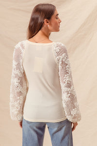 Yesterday Rib Knit Top with Lace Balloon Sleeves in Ivory