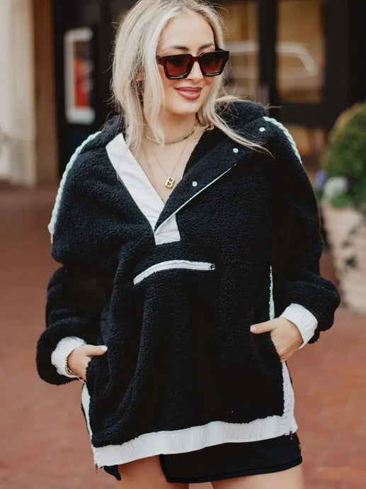 See You Two-Toned Sherpa Pullover Hoodie in Black