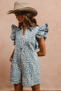 Leopard Denim Ruffle Front Zip Romper