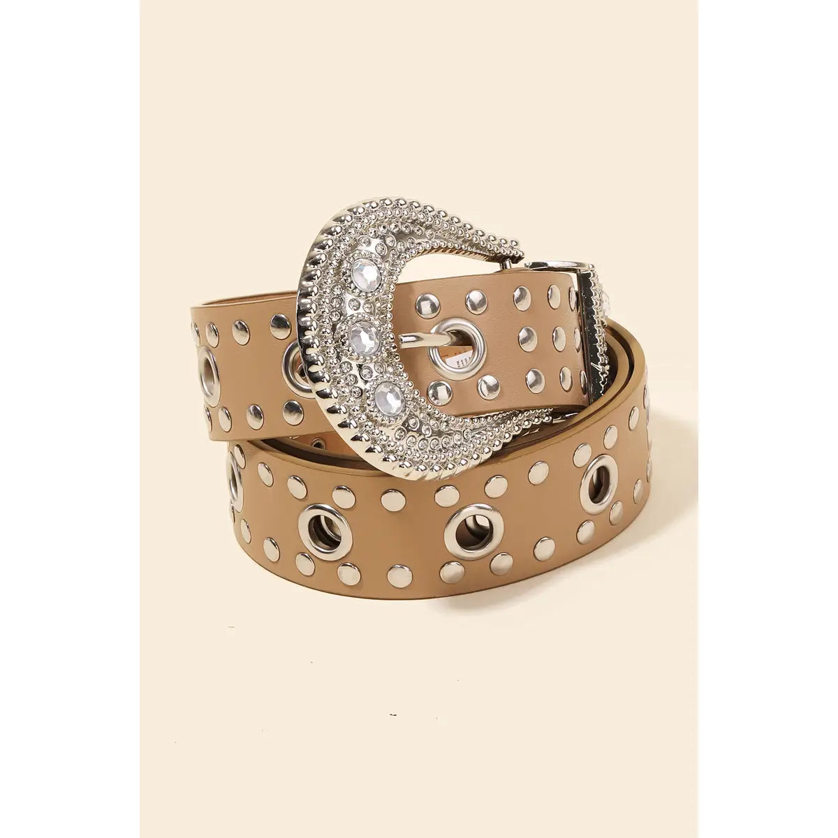 Rhinestone Buckle Grommet Belt Brown