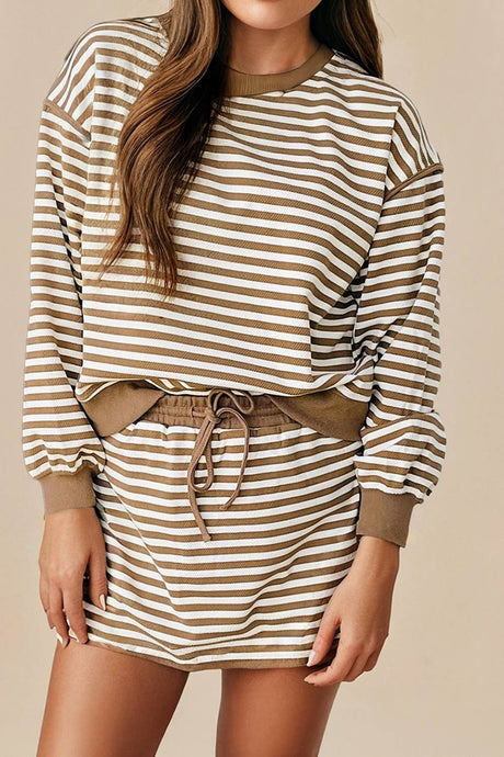 Missy Stripe Textured Pullover Top/Skirt Set in Brown