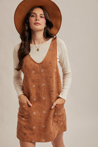 Loving Me Floral Embroidered Corduroy Overall Dress