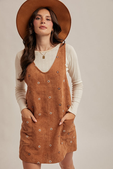 Loving Me Floral Embroidered Corduroy Overall Dress