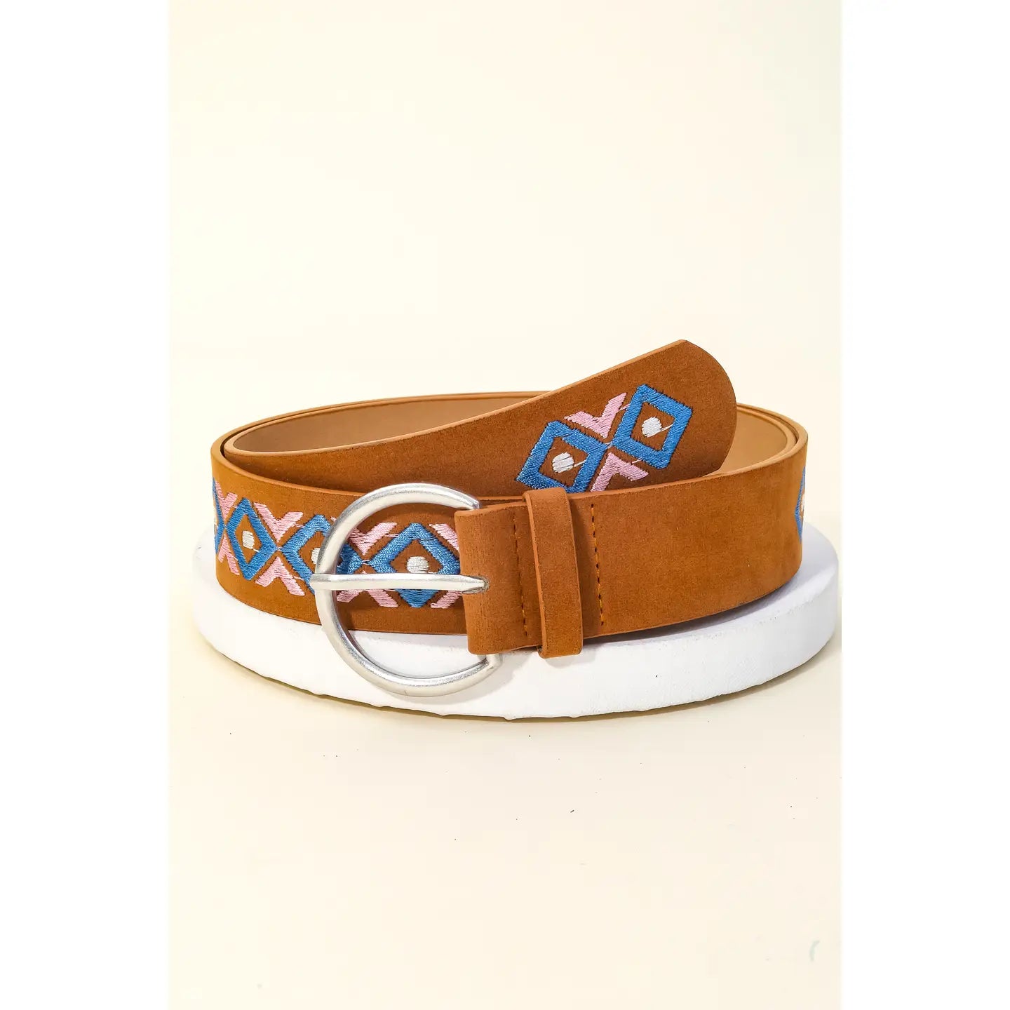 Boho Embroidered Round Buckle Belt Brown