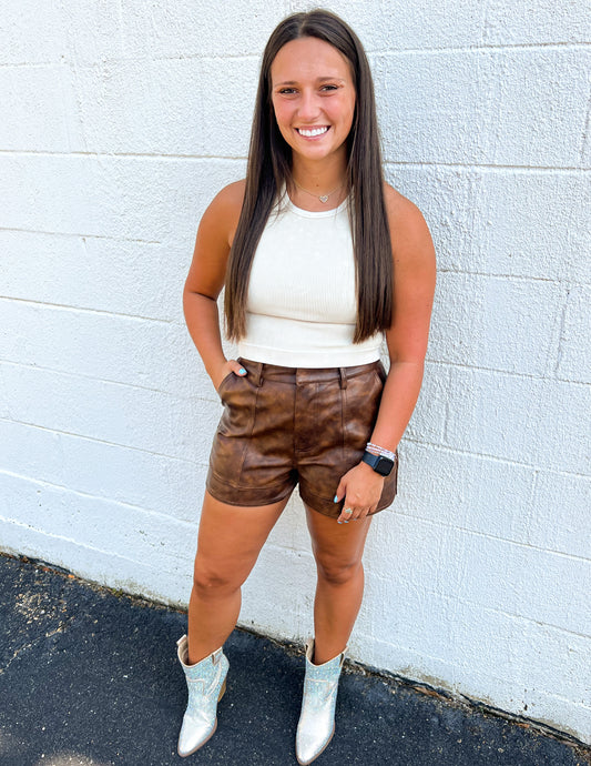 Grew Up Wild Faux Leather High Waist Shorts Espresso