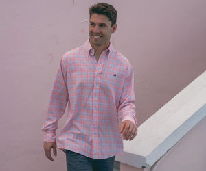 Southern Marsh Hartsville Plaid Dress Shirt Coral & Light Blue