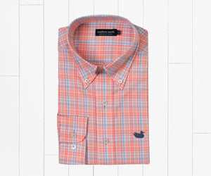 Southern Marsh Hartsville Plaid Dress Shirt Coral & Light Blue