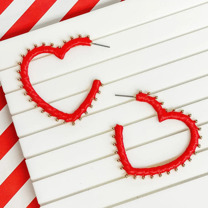Raffia Wrapped Gold Stud Red Heart Hoops