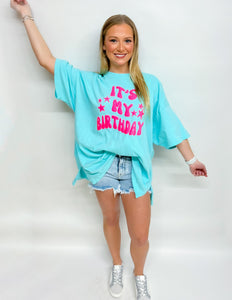 It's My Birthday Neon Pink Puff Tee Mint